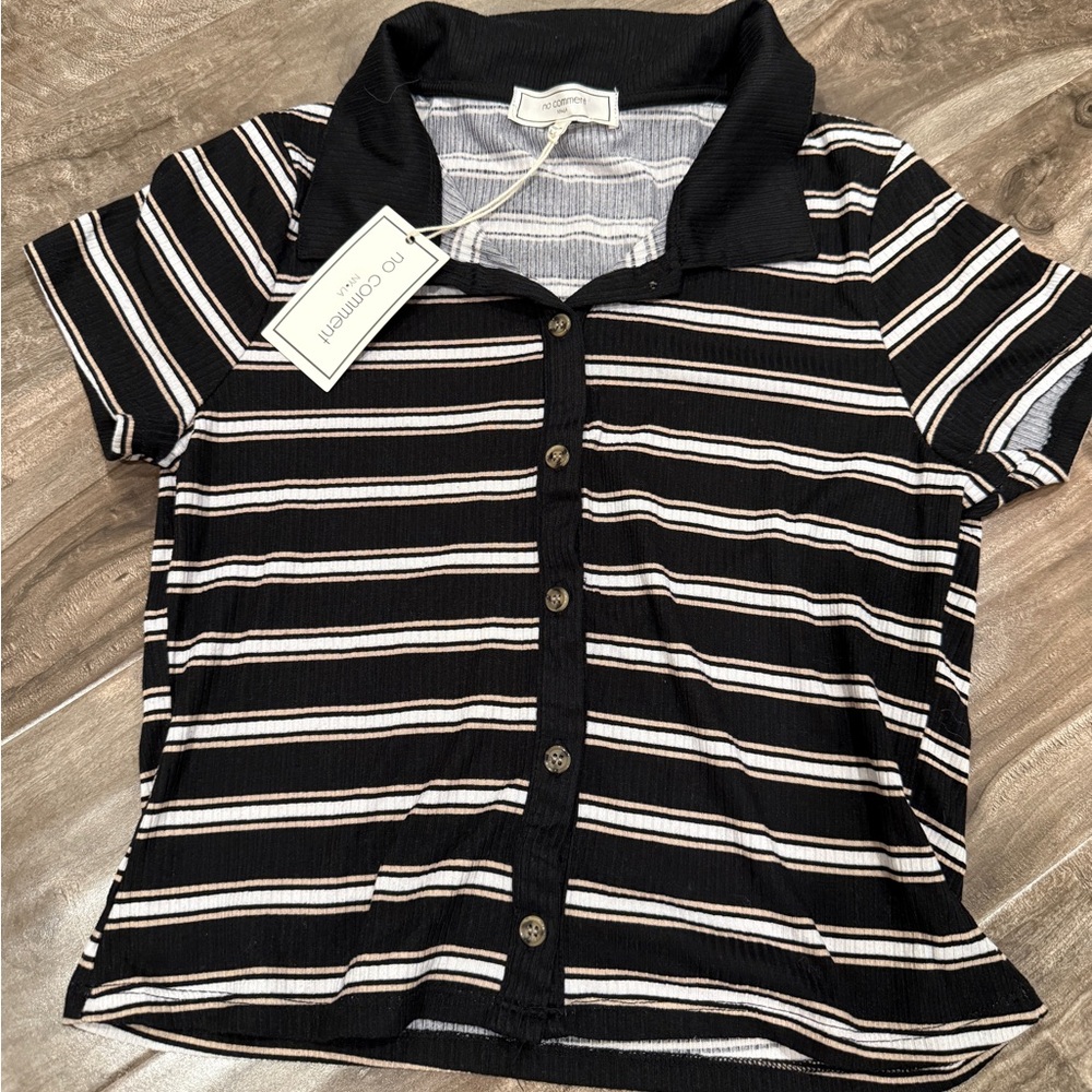No Comment NY•LA Striped Ribbed Button-Front Top – Juniors Large (NWT)